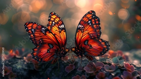 Obraz An artistic depiction of two vibrant butterflies sharing a tender moment, their wings gently touching in a kiss-like gesture, celebrating the essence of World Kissing Day, in high-definition