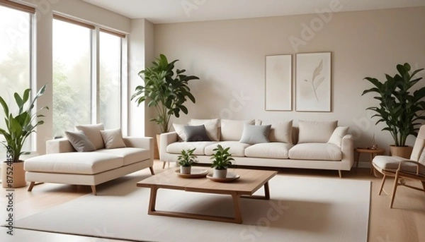 Fototapeta 
Frame mockup, ISO A paper size. Bedroom poster mockup. Modern interior design. Living room Interior mockup with house background. 3D render