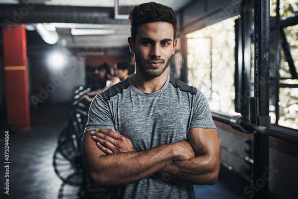 Fototapeta Man, portrait and confident in gym for fitness, bodybuilding and personal training for health or muscle strength. Male person, arms crossed and proud for active living, exercise and cardio workout.