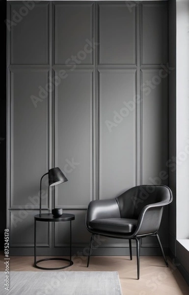 Obraz Grey wall panels and a black side table in minimalistic interior design composition.
