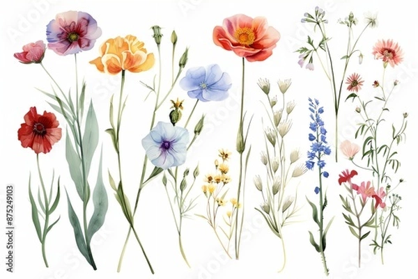 Fototapeta Set of field flowers with a variety of colors and sizes. The flowers are arranged in a way that creates a sense of harmony and balance