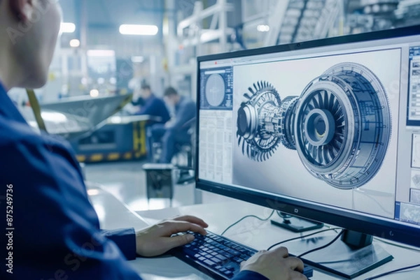 Obraz engineer using mechanical design software, background with engineers and digital blueprints in factory