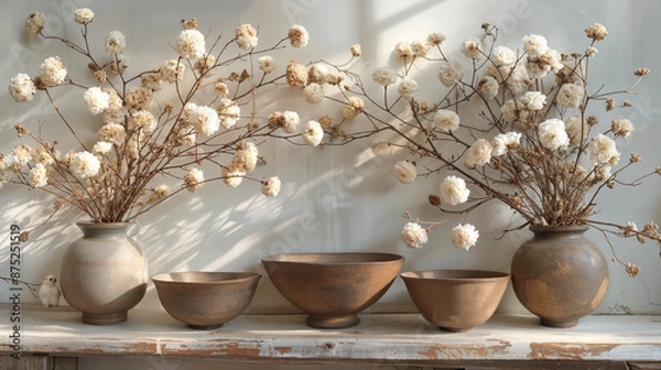Fototapeta Bowls sit on a white shelf with some vases of flowers rests. Still life. Dappled sunlight in the fall. Cozy atmosphere.