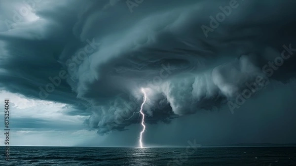 Fototapeta Thunderstorm over ocean, dark clouds rolling in, lightning striking water, intense cinematic drama, focus cover all object, deep dept of field