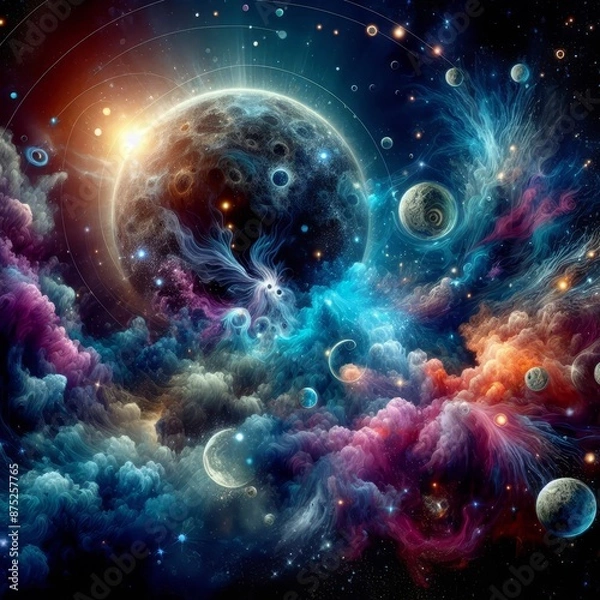 Fototapeta Discover the mesmerizing beauty of deep space with this stunning image featuring the moon and solar system. Enhanced with smoke effects, sparkles, glitter, and a vibrant array of colors, this tattoo-i