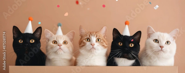 Fototapeta Group of cats in box wearing party hats with confetti falling around them against a beige background. Birthday celebration concept. Banner with copy space for World Cat Day.