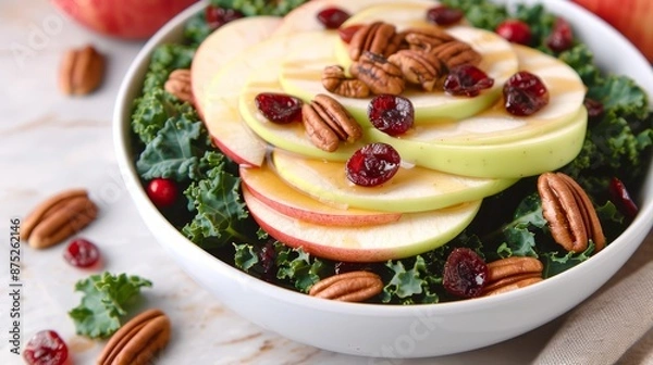 Fototapeta A bowl of massaged kale leaves topped with thinly sliced apples, dried cranberries, and toasted pecans, dressed with apple cider vinegar and a touch of maple syrup