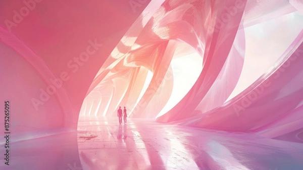 Fototapeta Two figures in a futuristic tunnel with pink and white light, innovative
