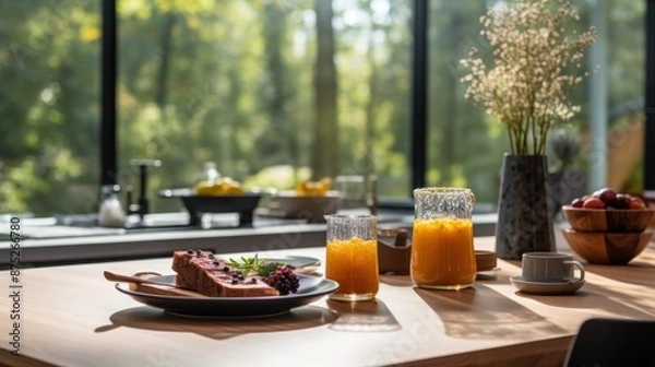 Fototapeta Breakfast on the table in the kitchen.