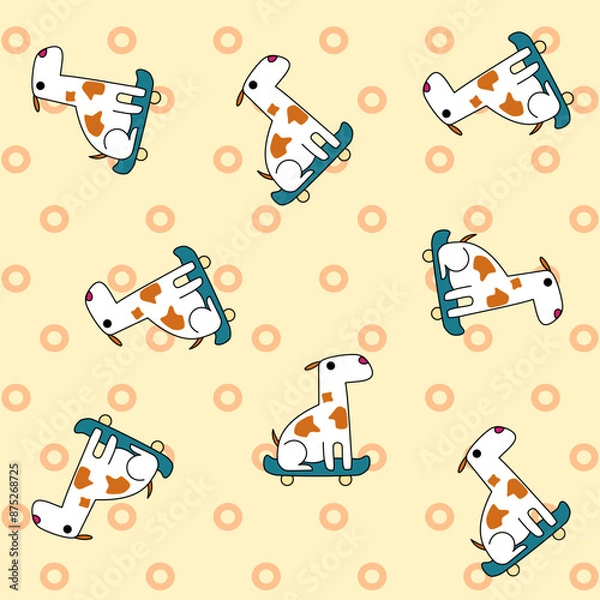 Fototapeta Dog so cute play skateboard on background polka dot.vector and illustration.