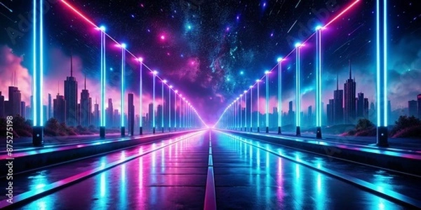 Obraz Neon Cityscape with Glowing Lights and Stars 3D Illustration