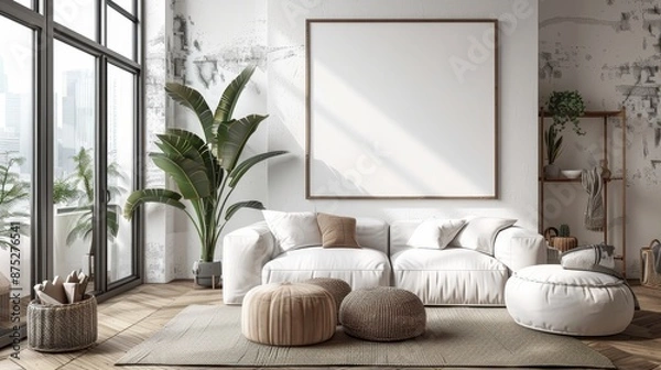Fototapeta Mockup frame in contemporary Scandinavian living room interior