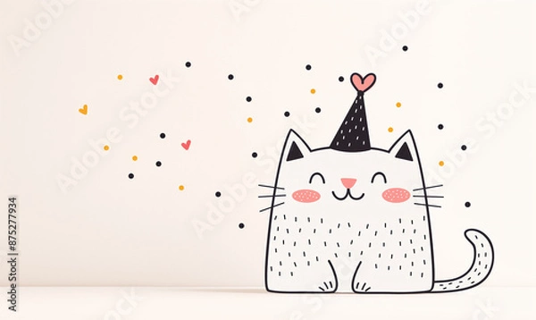 Fototapeta Simple cat illustration with party hat and confetti on light background. Birthday celebration concept. Banner with copy space for World Cat Day.