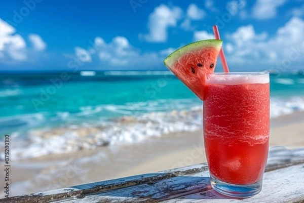 Fototapeta A tropical drink with a slice of watermelon and a straw on a beachside table