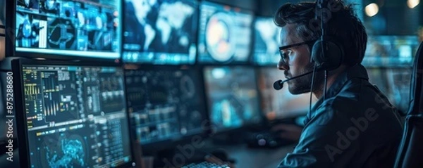 Fototapeta Dispatch center with operators coordinating deliveries on multiple screens, dispatch logistics, hightech and efficient operations