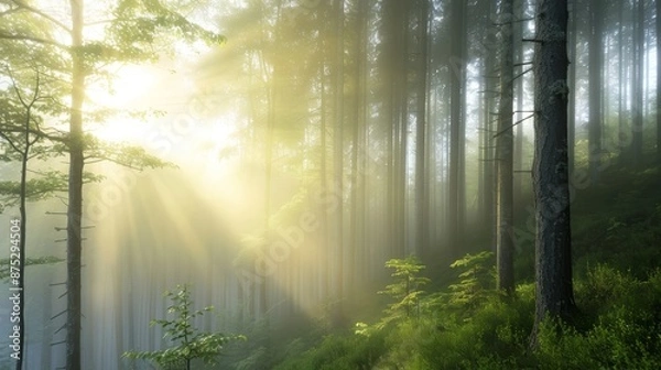 Fototapeta Sunlight streams through a misty forest, illuminating the tall trees and lush undergrowth.
