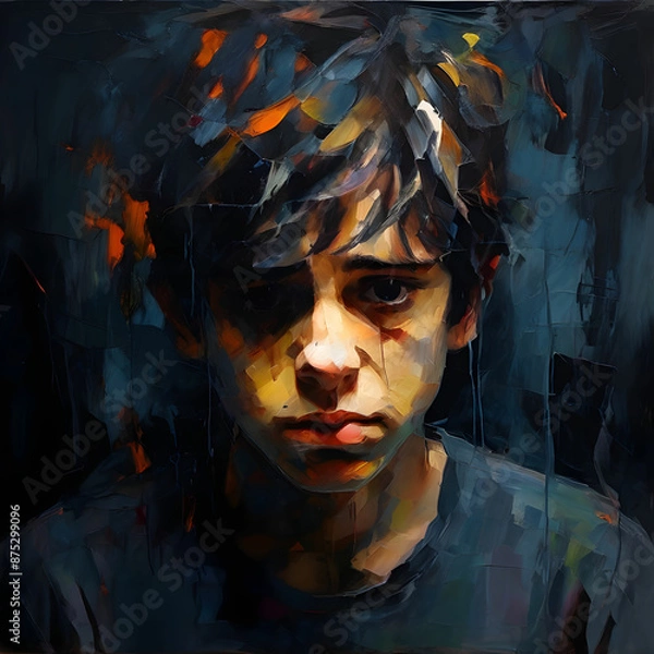 Fototapeta abstract art of a young boy who is suffering from anxiety_Mental State
Generative AI