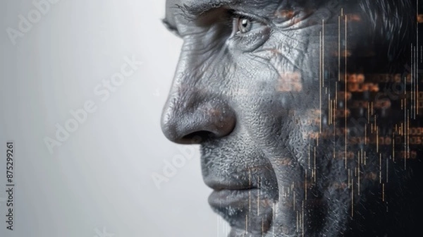 Fototapeta Close-up profile of an older man with a digital overlay, suggesting a blend of technology and humanity.