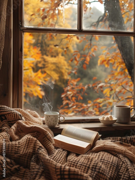 Fototapeta A cozy autumn scene with a steaming mug and an open book on a window sill