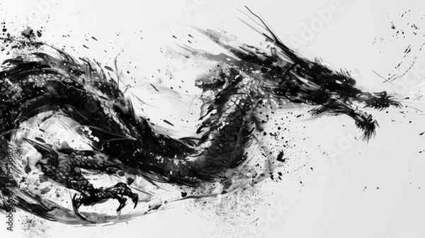 Fototapeta Abstract black ink dragon illustration with dynamic brush strokes on white background, evoking power and movement.