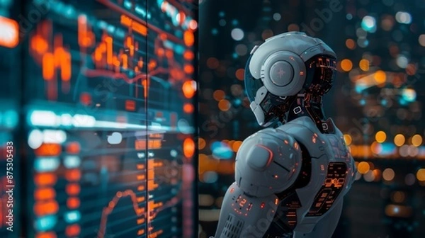 Fototapeta A futuristic robot with artificial intelligence analyzes the cryptocurrency market, which is represented by charts of falling and rising prices on a large screen