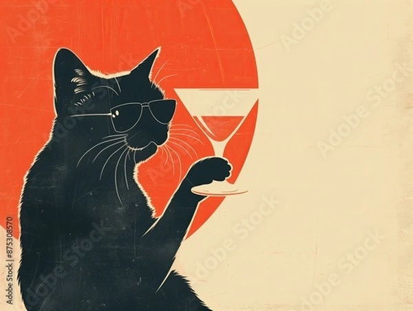 Obraz Black cat with sunglasses enjoying martini. Funny stylish poster banner for a bar