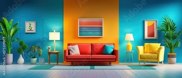 Fototapeta Vibrant living room with colorful furniture and plant decor, creating a bright and cheerful atmosphere