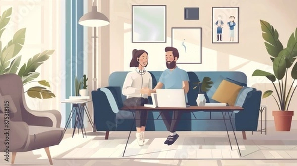 Fototapeta Couple consulting financial planner via video call in living room