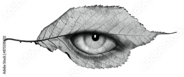 Fototapeta Leaf with human eye, surreal psychedelic chalk tattoo illustration isolated on white background
