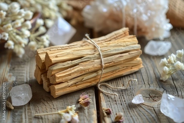 Fototapeta Bundle of palo santo sticks tied with a natural twine, resting on an aged wooden table with a backdrop of white sage and crystals
