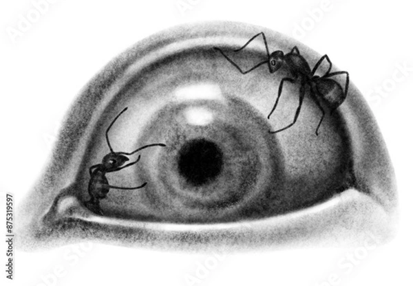 Fototapeta Eyes with ants on the eyeball surreal psychedelic chalk tattoo illustration