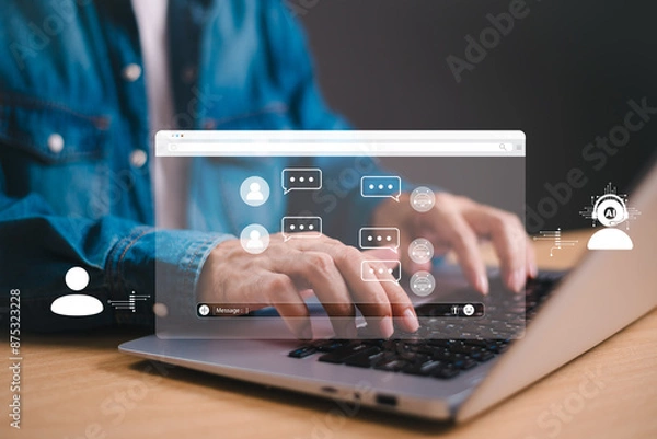 Fototapeta Chatbot chat with human, Artificial Intelligence conversation concept. Man chatting with smart AI bot. Artificial intelligence business use computer virtual technology to help maketing development