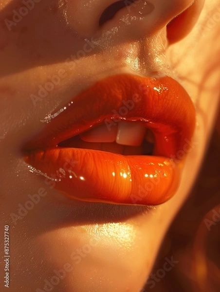 Obraz  Close-Up of Glossy Lips with Bold Orange Lipstick