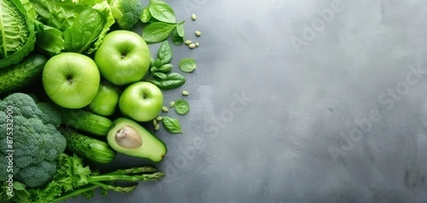 Fototapeta Healthy flat lay of green veggies and fruits on a concrete backdrop, showcasing broccoli, asparagus, avocado, and more