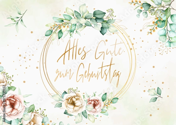 Fototapeta Karte oder Banner, um alles Gute zum Geburtstag zu wünschen, in Gold in mehreren goldfarbenen Kreisen mit Blumen und Blättern auf einem weißen und cremefarbenen Hintergrund mit Farbverlauf