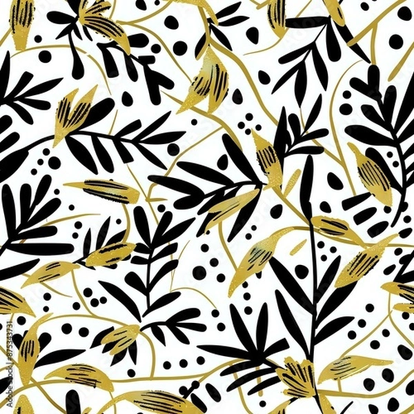 Fototapeta Detailed Floral Grid Pattern with Black Outlines for Wallpaper