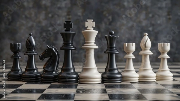 Obraz Chess pieces arranged in a leadership structure on a board in a 3D render, representing team management, set against a gray background.