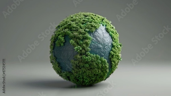 Obraz Globe with green energy icons in a 3D render, representing climate change and environmental sustainability, isolated on gray background.