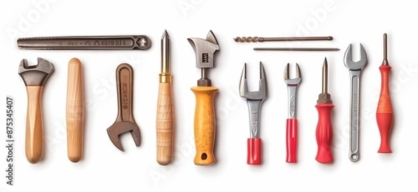 Fototapeta A collection of various tools, including pliers and wrenches, arranged neatly on a white background.