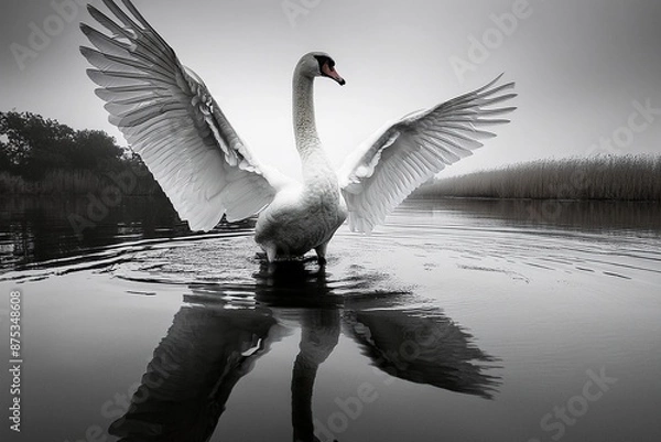 Fototapeta black and white photo of a swan with wings spread, standing on water, reflection in the style of digital minimalism