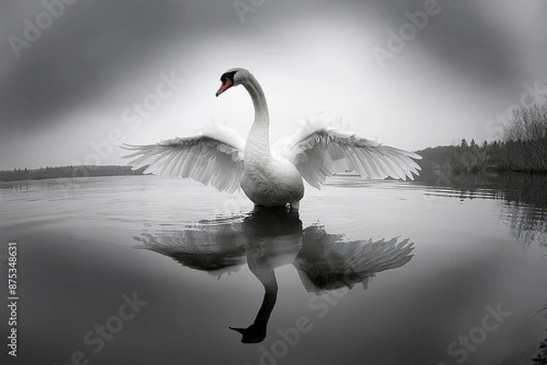 Fototapeta black and white photo of a swan with wings spread, standing on water, reflection in the style of digital minimalism