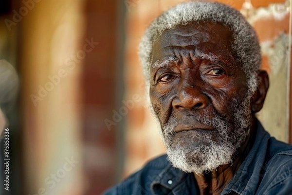 Fototapeta An elderly person is pictured sitting by a rustic wall, appearing to be in deep thought or contemplation, capturing a moment of introspection in a weathered, outdoor setting.