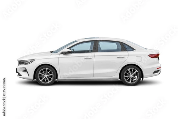 Obraz White compact car, small size passenger vehicle isolated. Side view. Transparent PNG image.