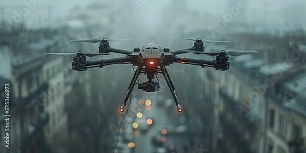 Fototapeta Drone Flying Over City in Rain