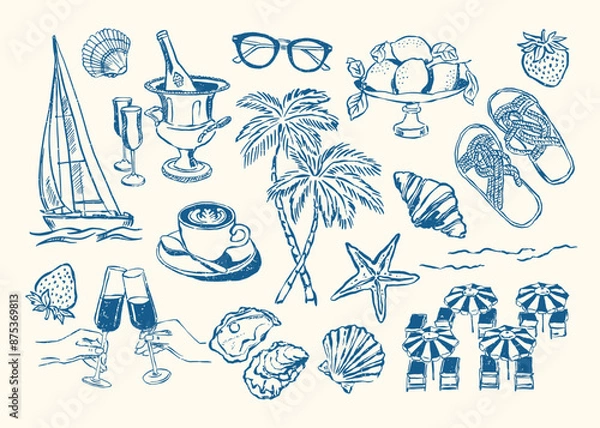 Fototapeta Minimalist Dolce Vita vector illustration collection. Art for greeting cards, wedding invitations, poster design, postcards, branding, logo design, background. Matisse style.	