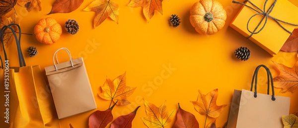 Fototapeta Banner of Autumn Shopping Essentials - A vibrant autumn-themed flat lay featuring shopping bags, pumpkins, pinecones, and colorful leaves arranged on an orange background.