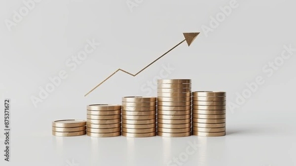 Fototapeta Stacked coins resembling a bar graph with an upward arrow, representing financial growth, investment, and economic success on white background.