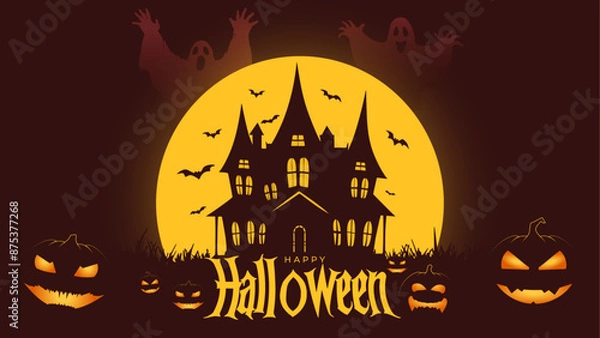 Obraz Haloween web banner with scary face, pumpkin, haunted house, bat. Haloween typography illustration