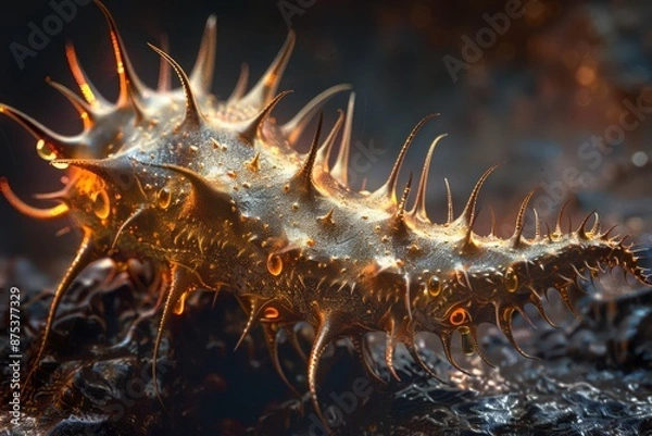 Fototapeta Close-up of spiky sea cucumber on rocky surface. Macro shot of marine creature with golden and orange hues. Underwater and marine life concept