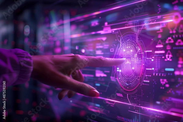 Fototapeta Hand interacting with futuristic touchscreen interface